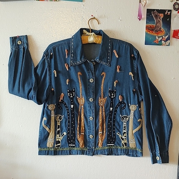 CAT EMBROIDERED Boho Denim Jacket SIZE MEDIUM - Picture 1 of 16